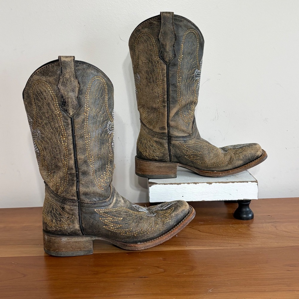 Corral Teens Distressed Brown Leather Cross Wing Embroidered Boots T30 Size 3.5Y